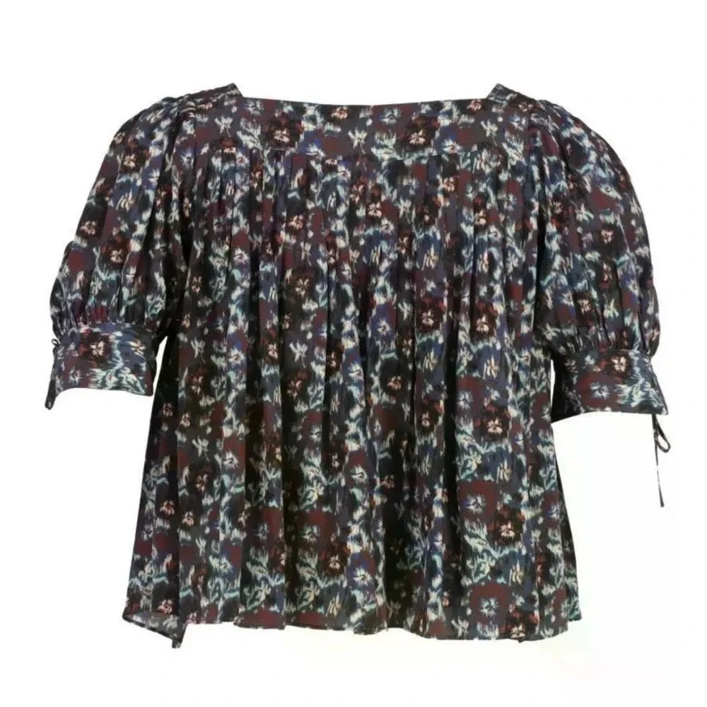 Ulla Johnson Lorraine Floral Print Square Neck Pleated Puff Sleeve Blouse Size 6